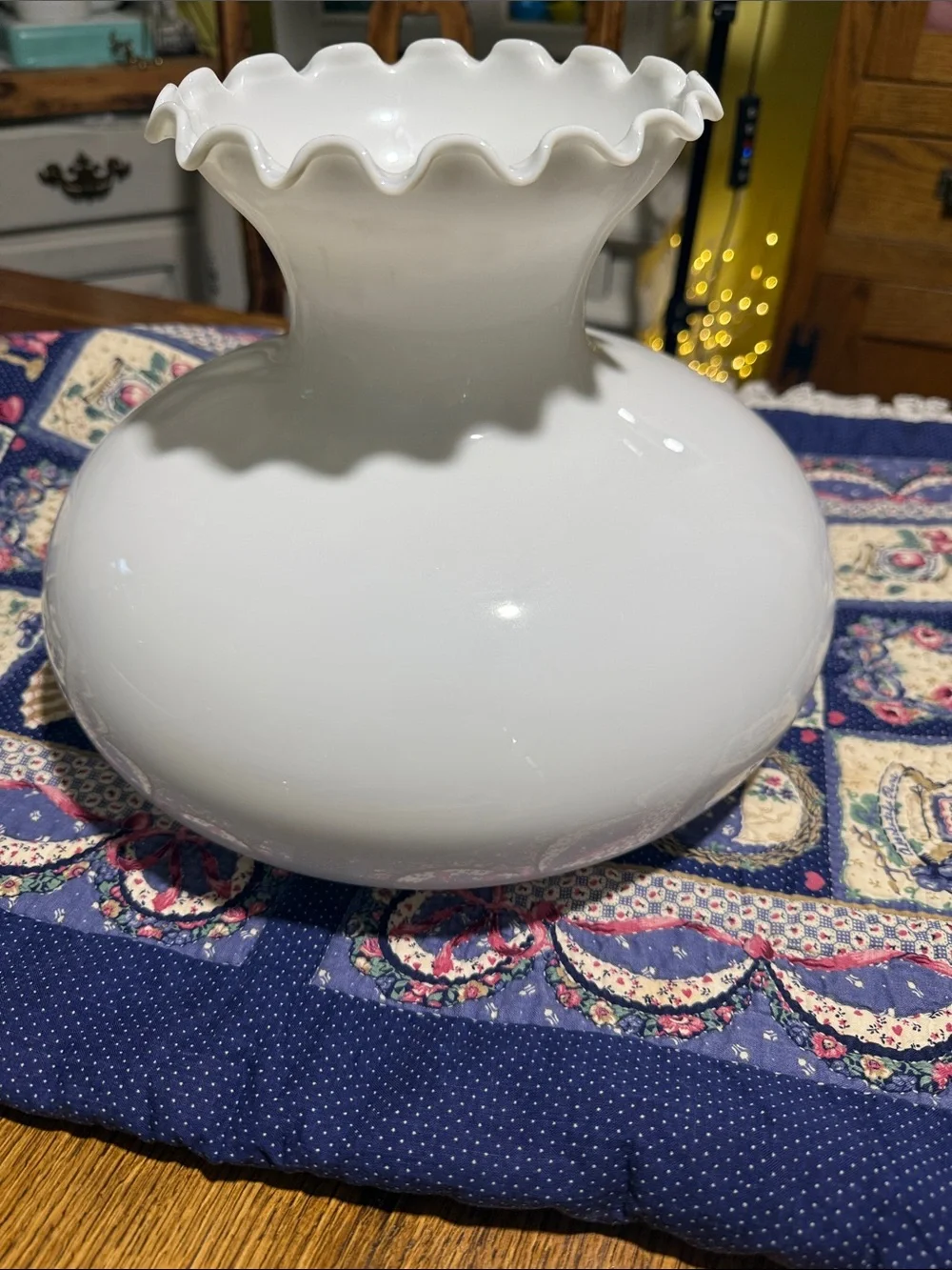 Vintage milk glass painted floral  hurricane lamp shade parlor 10” fitter